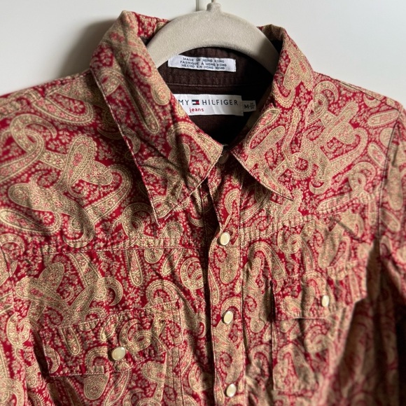 Vintage Tommy Hilfiger Red and Brown Paisley Button-Up Long Sleeve Shirt Size M - Picture 4 of 8
